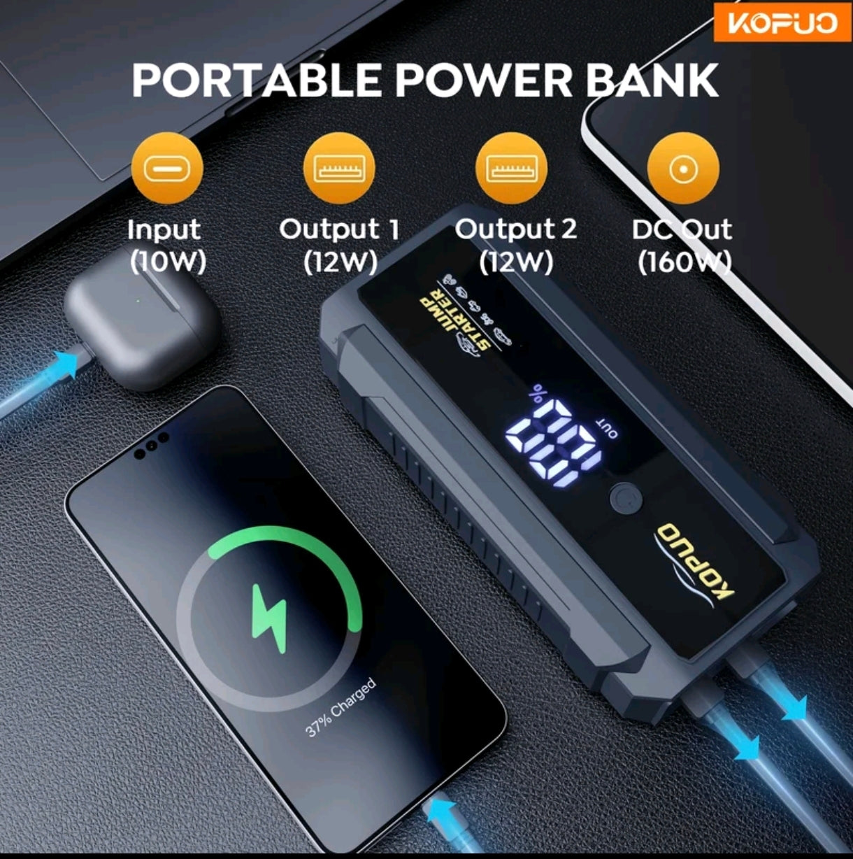 Arrancador de Batería Kopuo 5000A- POWERBANK INCLUIDA